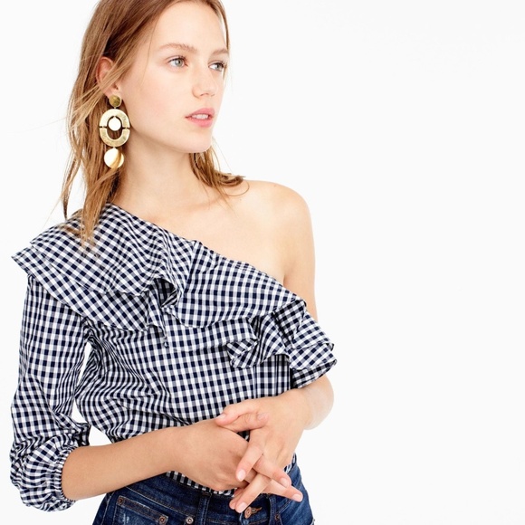 J. Crew Tops - ⛔sold⛔J Crew Gingham One Shoulder Ruffle Blouse